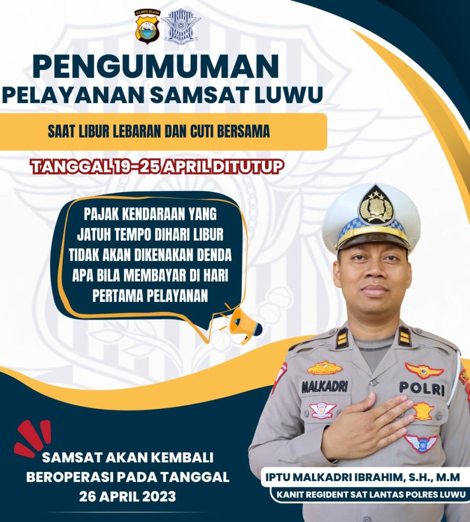 Libur Lebaran, Samsat Luwu Libur Pelayanan Mulai Tanggal 19 hingga 25 April